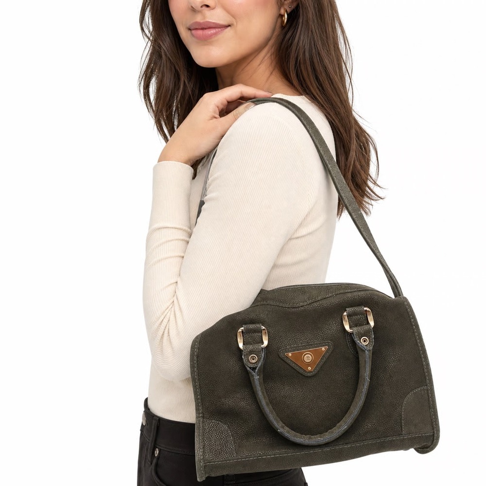 Verdi Satchel Bag Womens OS Olive Green Textured Gold Hardware Strap Good